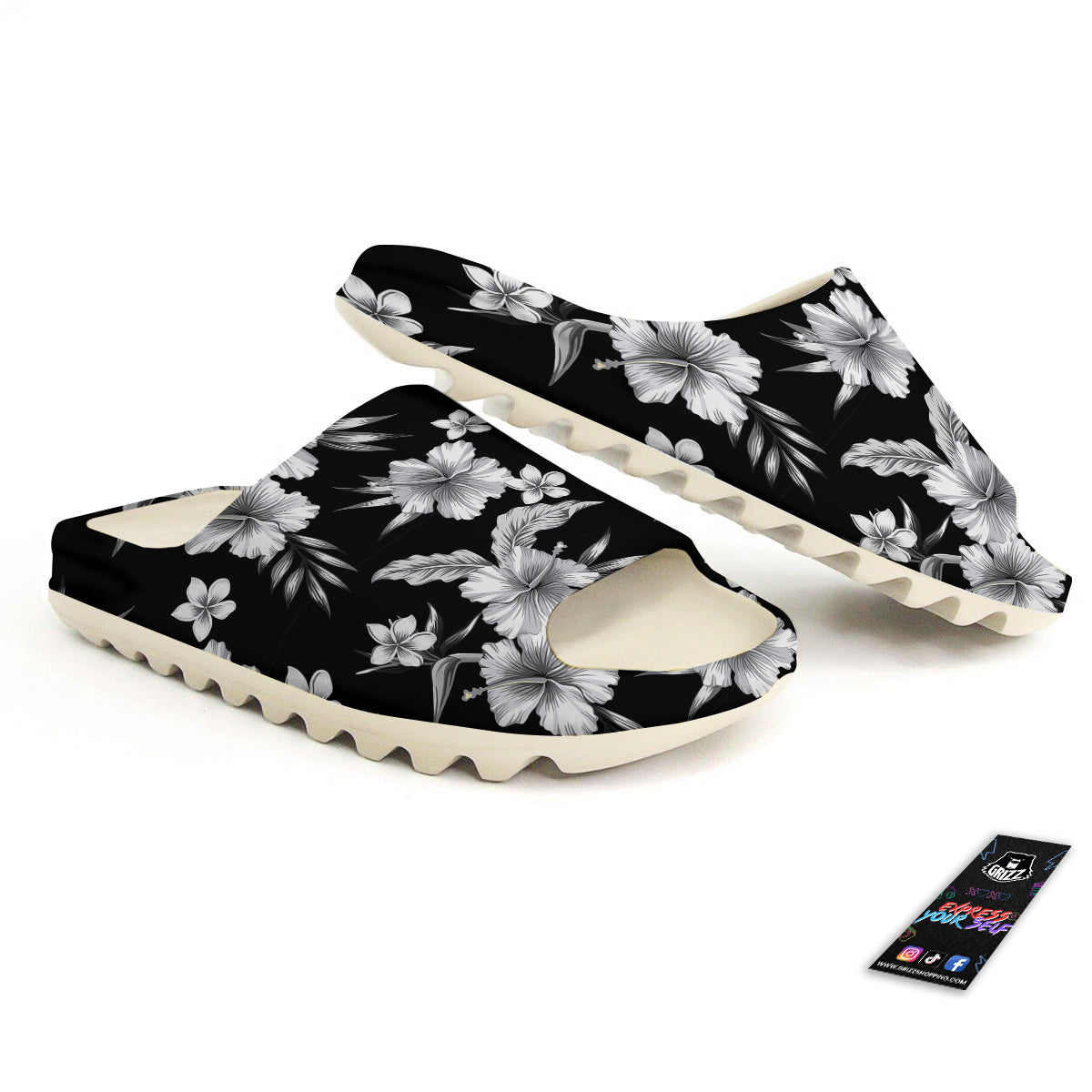 Frangipani White And Black Print Pattern Sandals-grizzshop