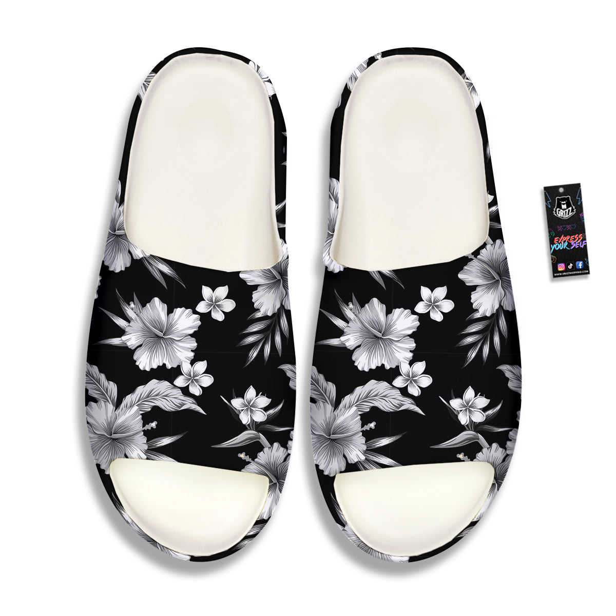 Frangipani White And Black Print Pattern Sandals-grizzshop