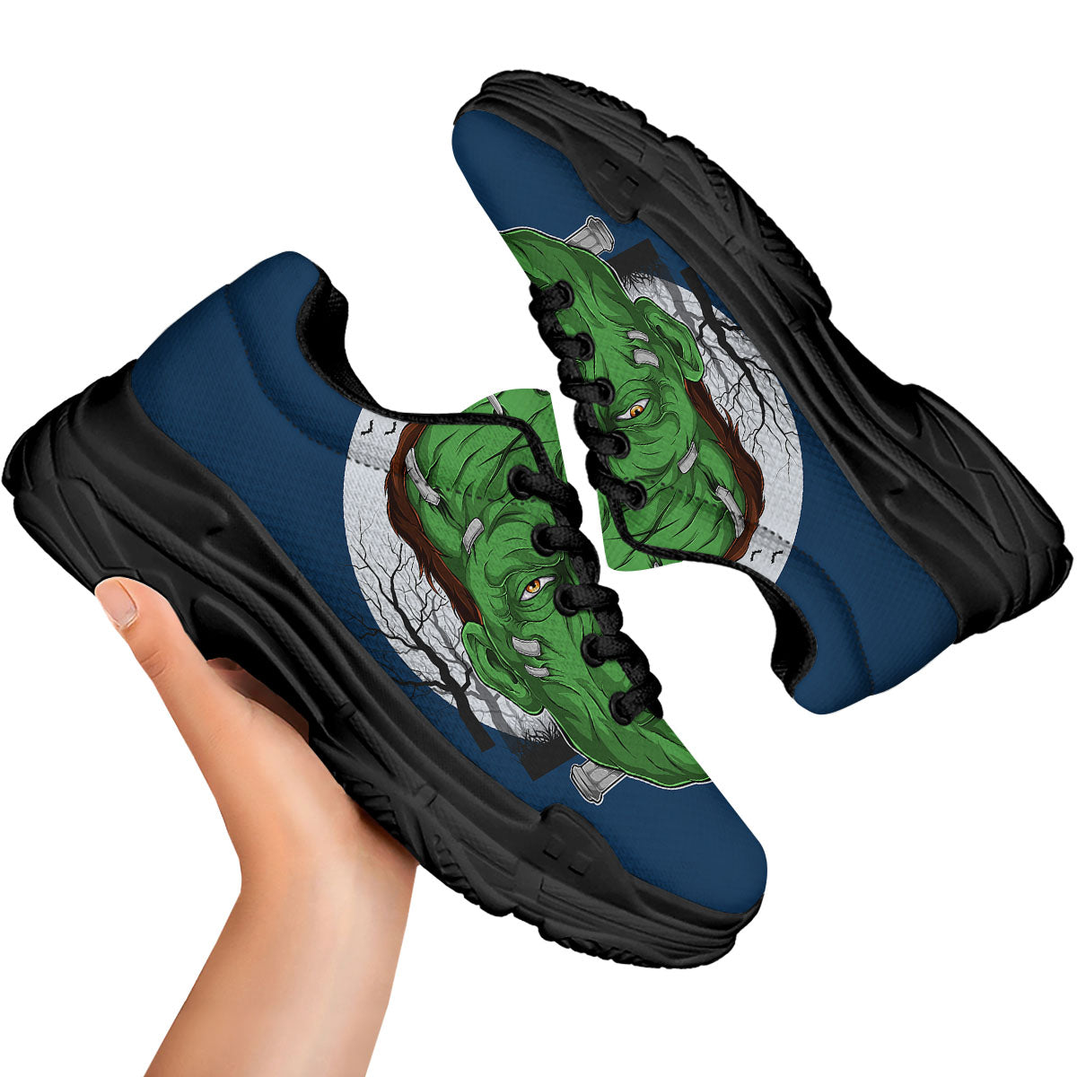 Frankenstein Face Halloween Character Print Black Chunky Shoes-grizzshop