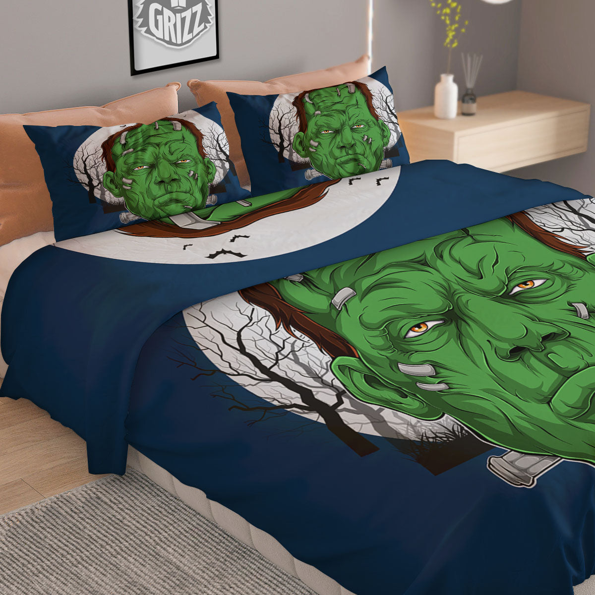 Frankenstein Face Halloween Character Print Duvet Cover Bedding Set