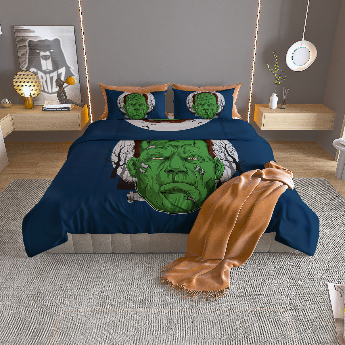 Frankenstein Face Halloween Character Print Duvet Cover Bedding Set