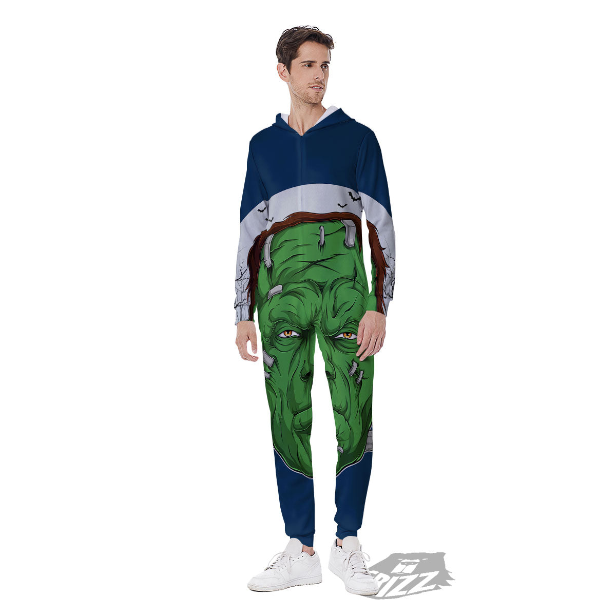 Frankenstein Face Halloween Character Print Men's Jumpsuit-grizzshop