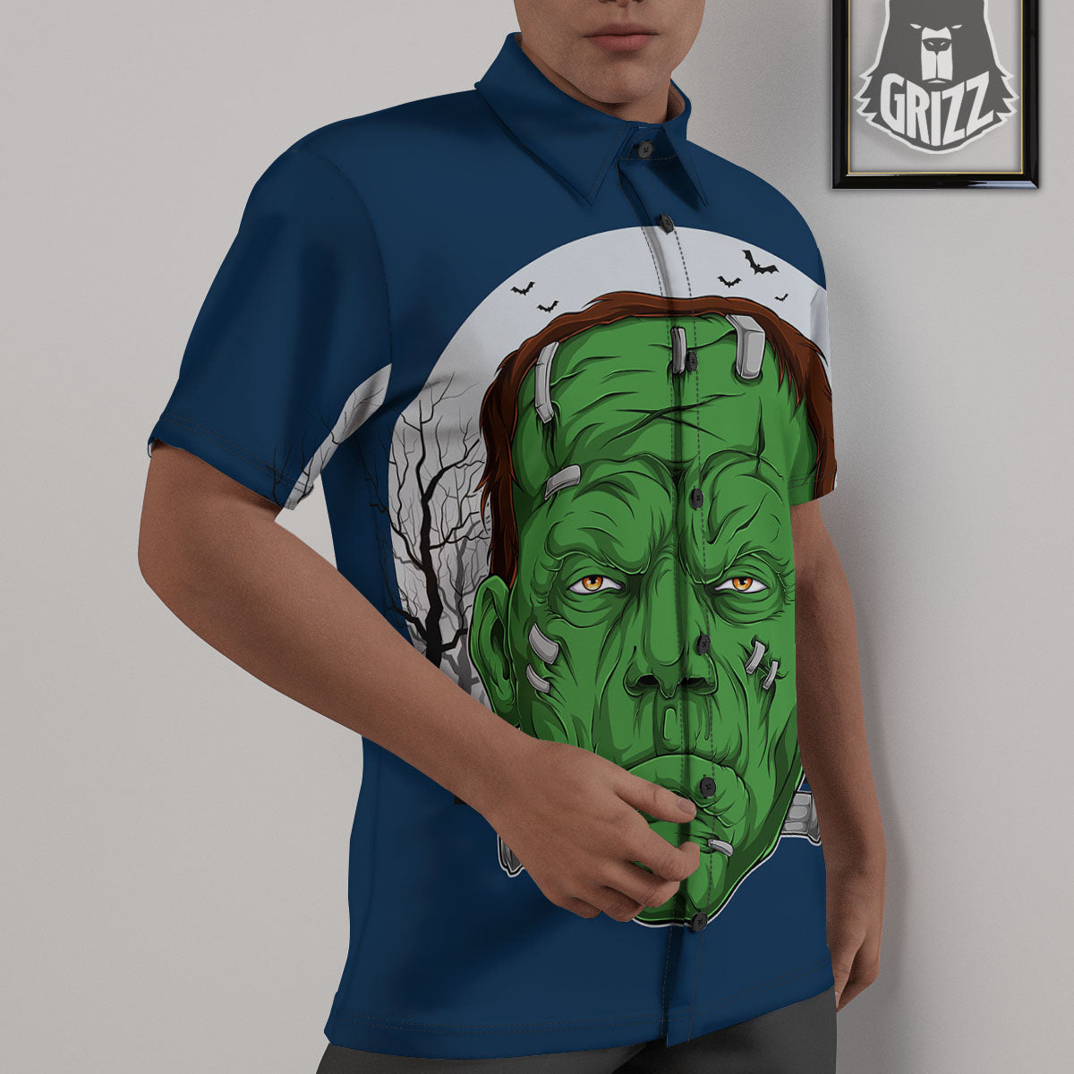 Frankenstein Face Halloween Character Print Untucked Shirts-grizzshop