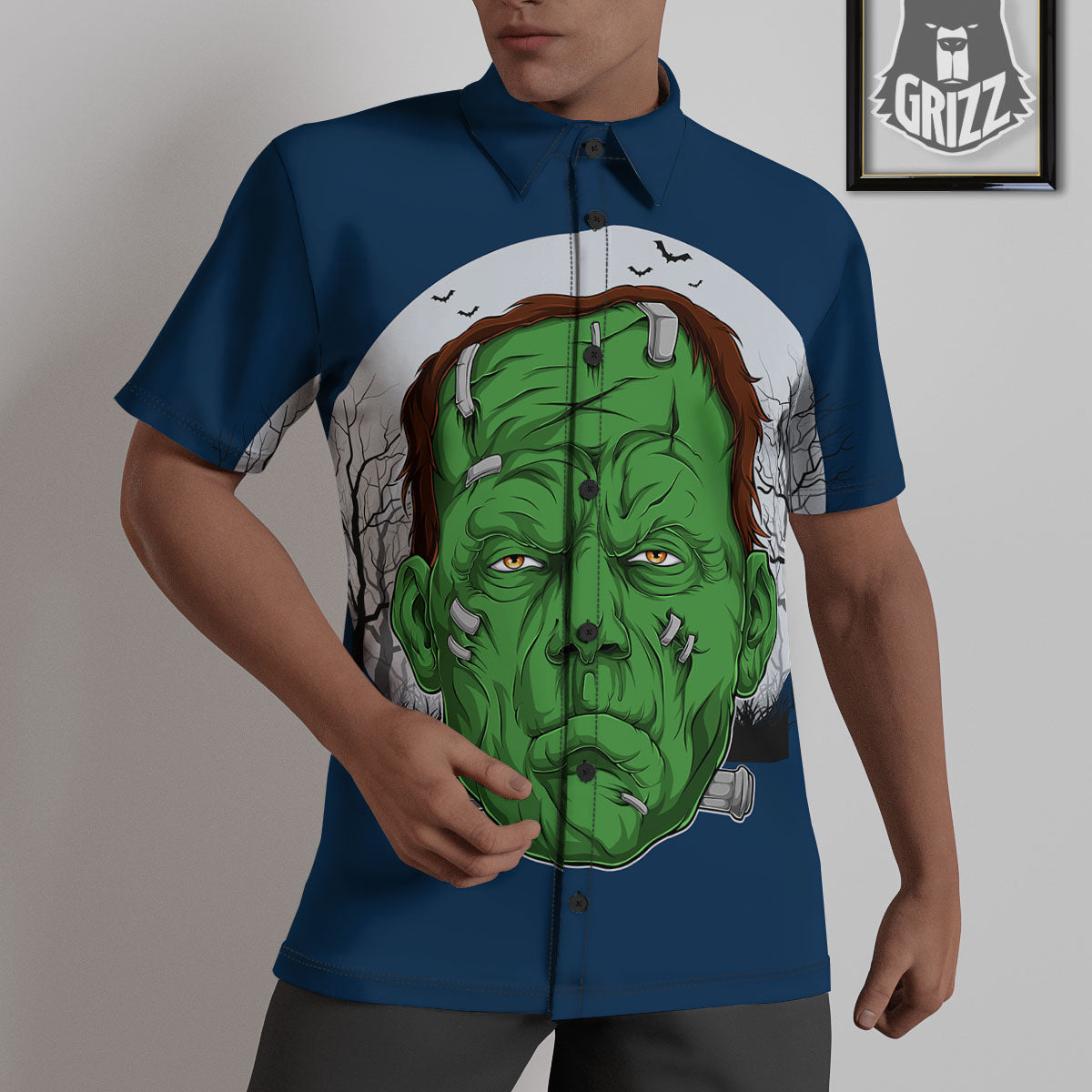 Frankenstein Face Halloween Character Print Untucked Shirts-grizzshop