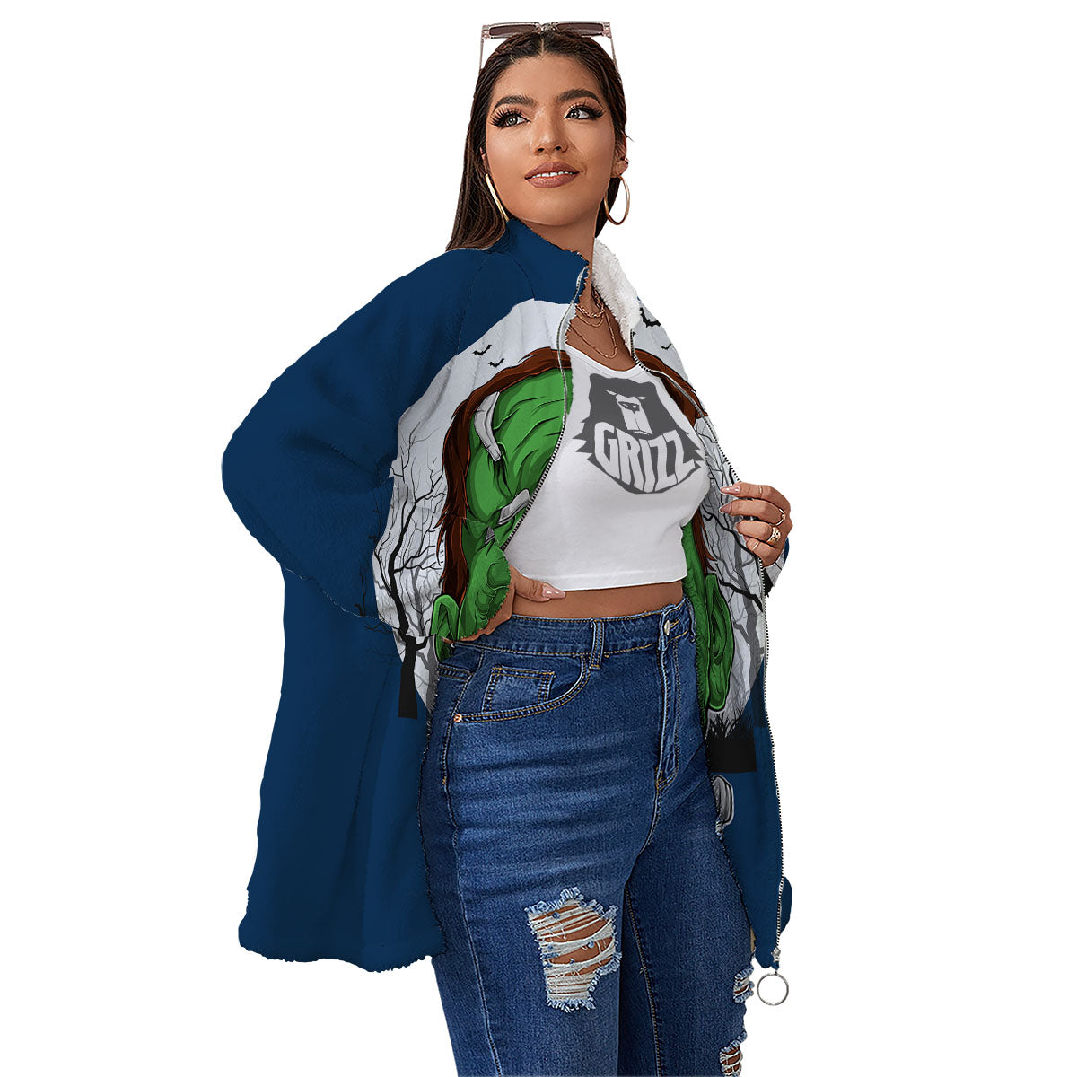 Frankenstein Face Halloween Character Print Women's Sherpa Jacket-grizzshop