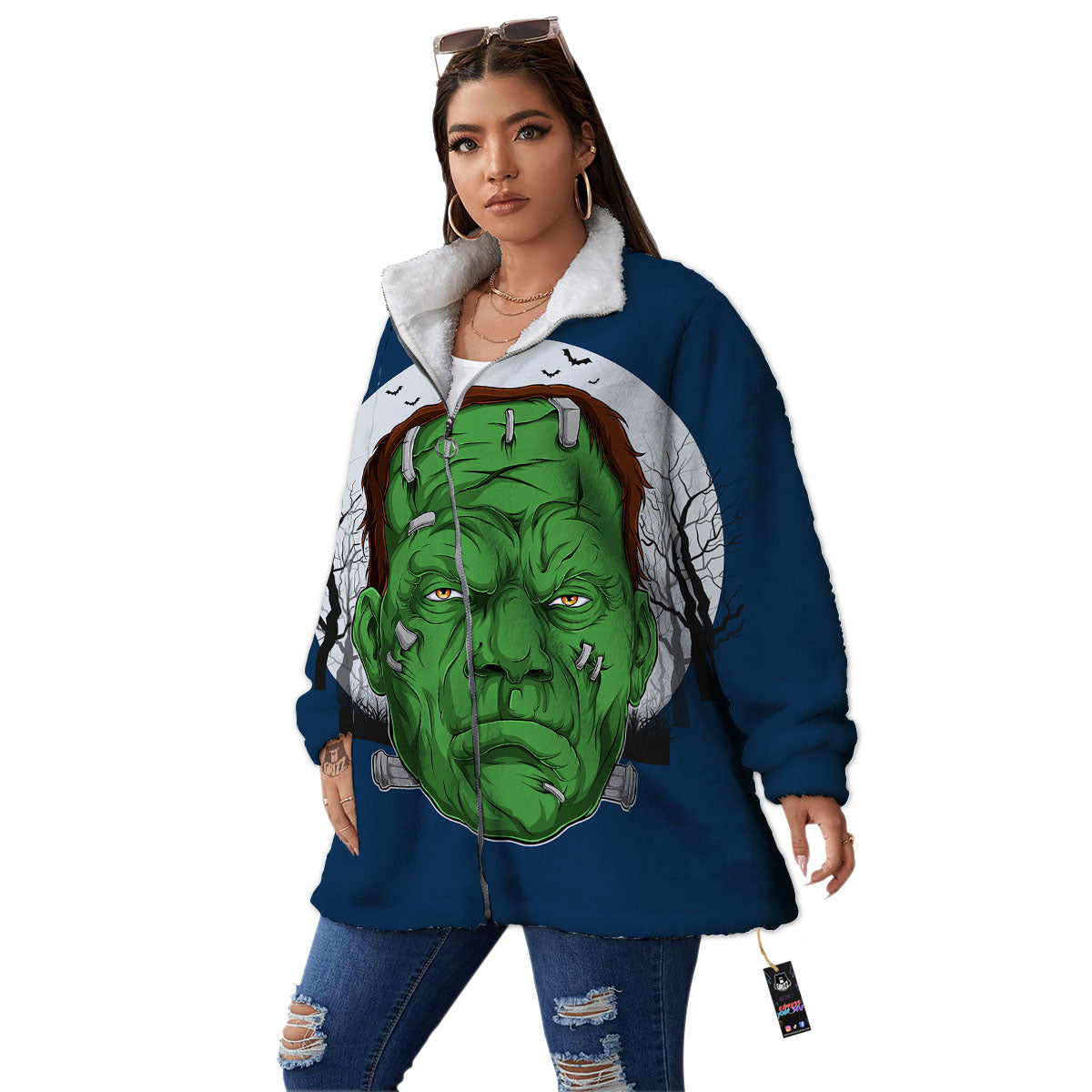 Frankenstein Face Halloween Character Print Women's Sherpa Jacket-grizzshop