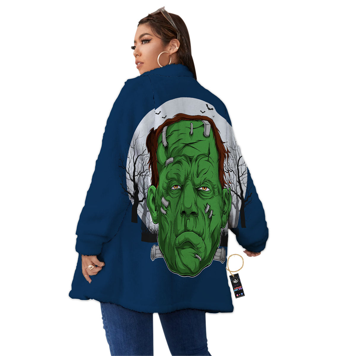 Frankenstein Face Halloween Character Print Women's Sherpa Jacket-grizzshop