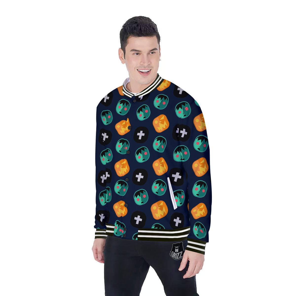 Frankenstein Face Halloween Print Pattern Baseball Jacket-grizzshop