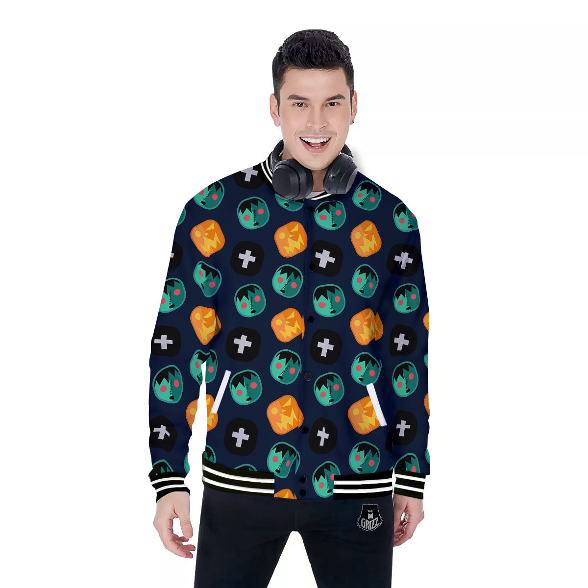 Frankenstein Face Halloween Print Pattern Baseball Jacket-grizzshop