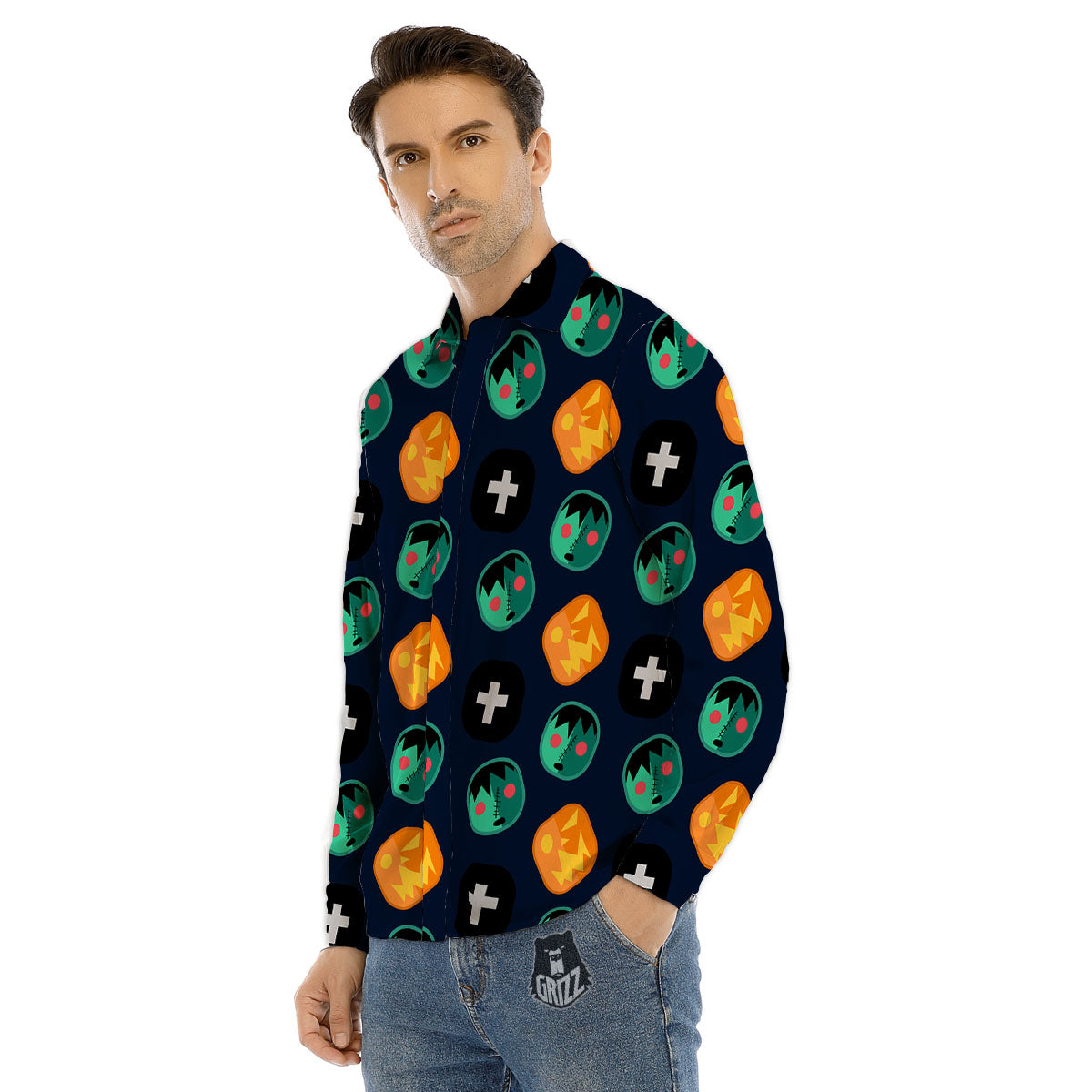 Frankenstein Face Halloween Print Pattern Men's Dress Shirts-grizzshop