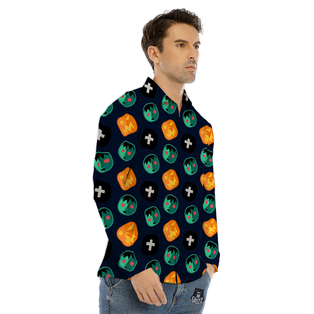 Frankenstein Face Halloween Print Pattern Men's Dress Shirts-grizzshop