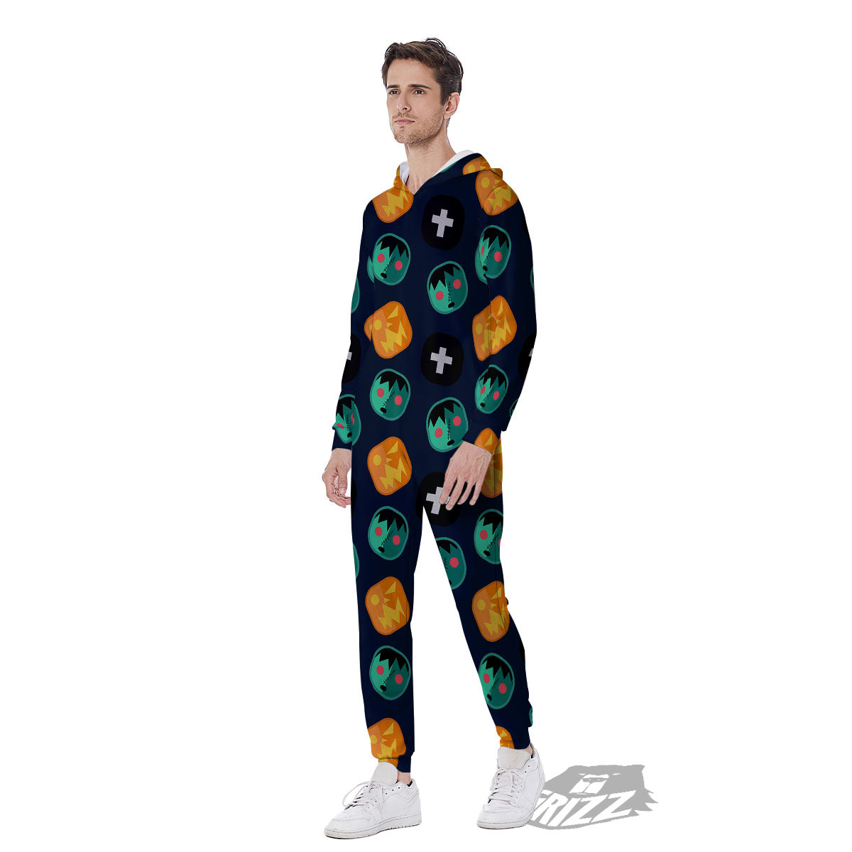 Frankenstein Face Halloween Print Pattern Men's Jumpsuit-grizzshop