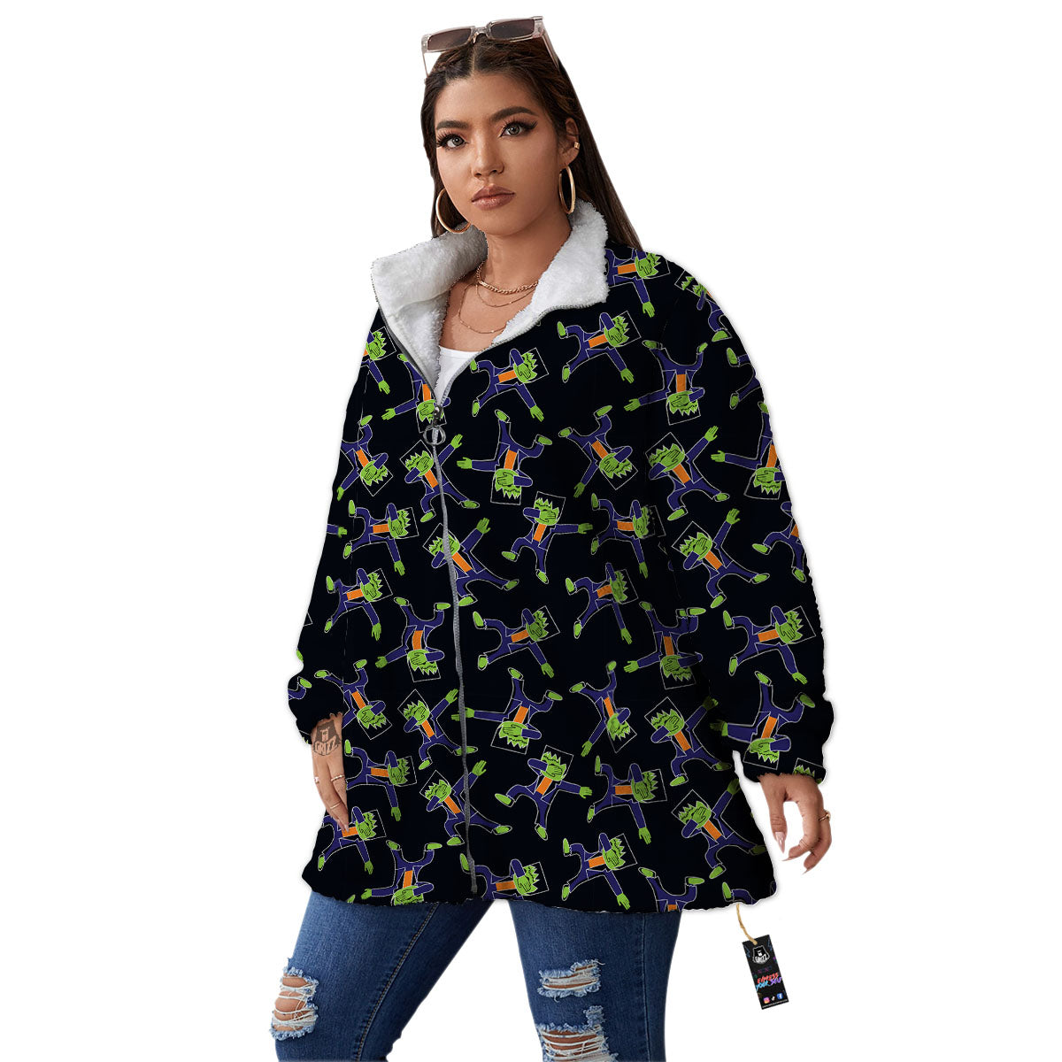 Frankenstein Halloween Print Pattern Women's Sherpa Jacket-grizzshop