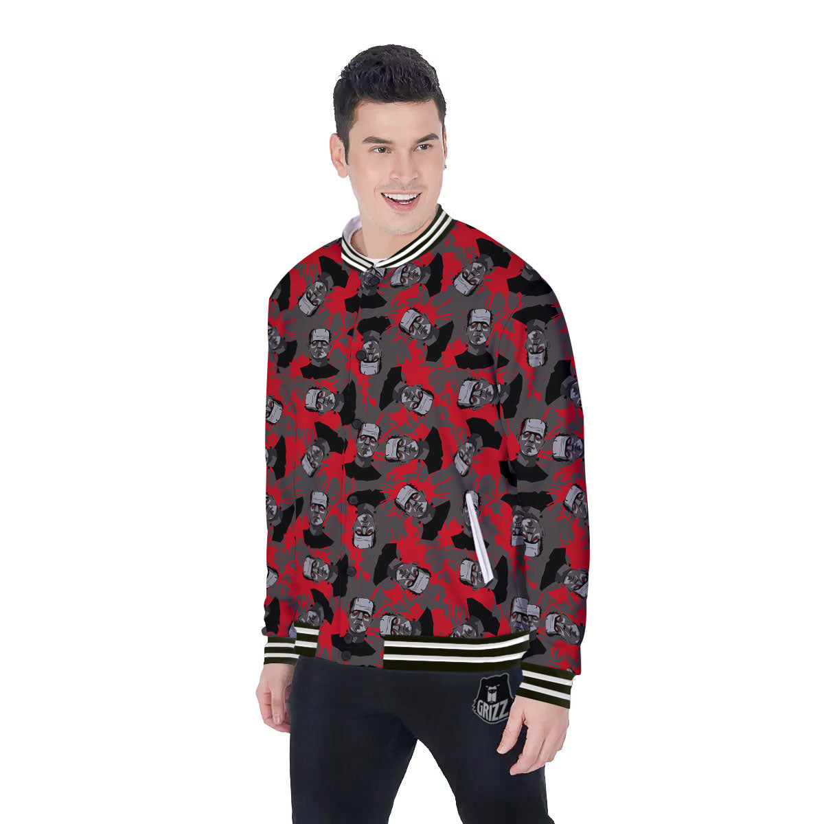Frankenstein Horror Print Pattern Baseball Jacket-grizzshop