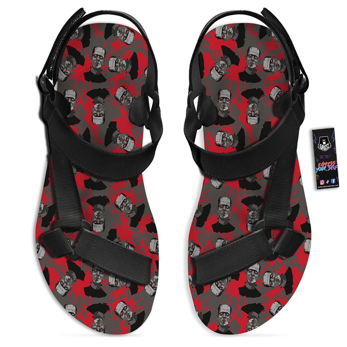 Frankenstein Horror Print Pattern Black Open Toe Sandals-grizzshop