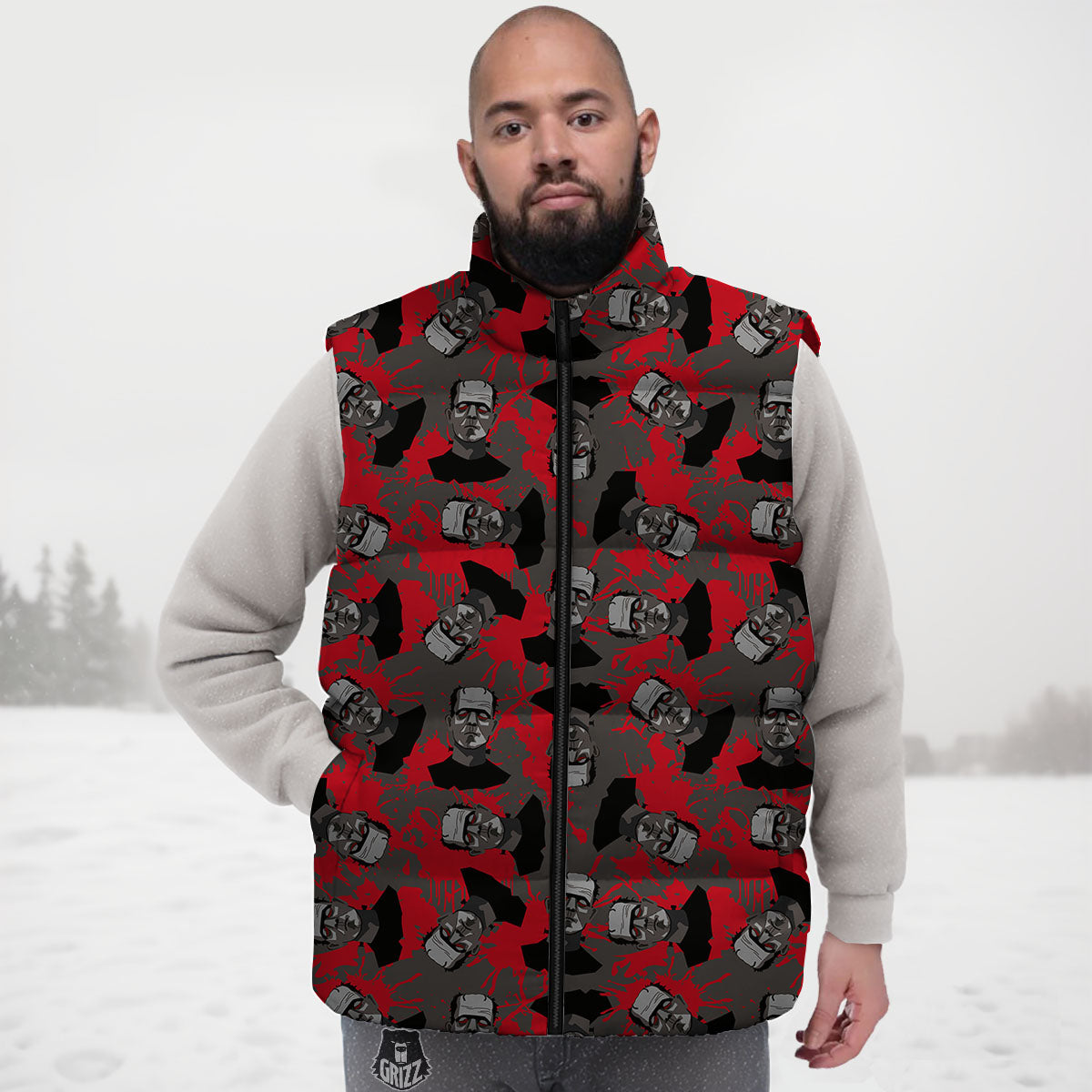 Frankenstein Horror Print Pattern Down Vest-grizzshop