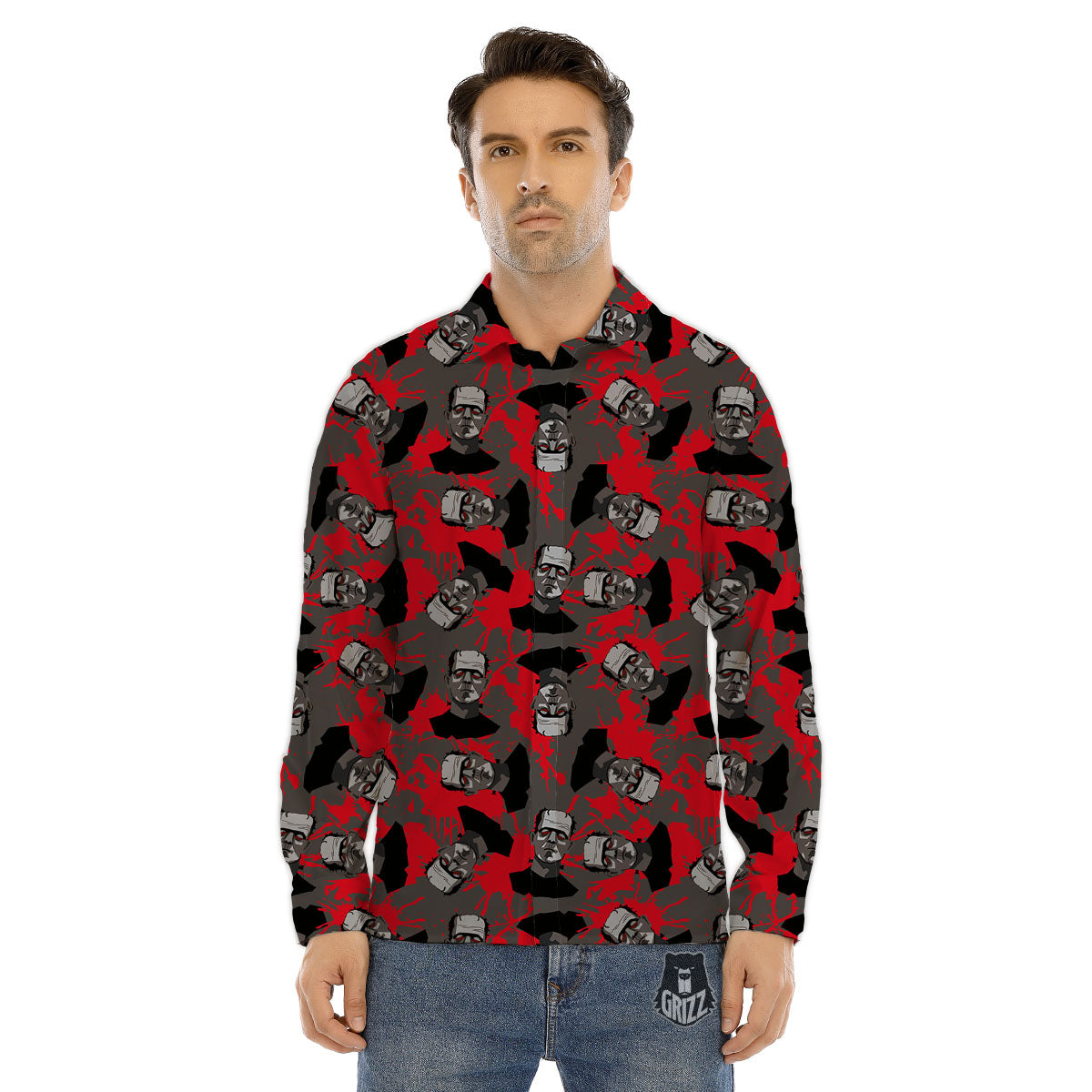 Frankenstein Horror Print Pattern Men's Dress Shirts-grizzshop