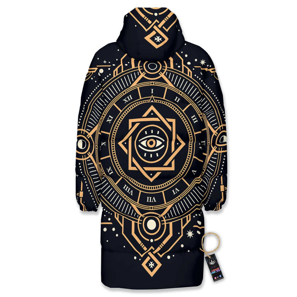Freemasonry Masonic Eye Print Long Down Jacket-grizzshop
