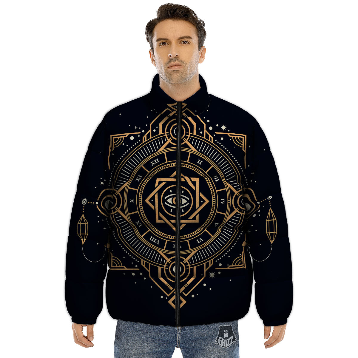 Freemasonry Masonic Eye Print Puffer Jacket-grizzshop