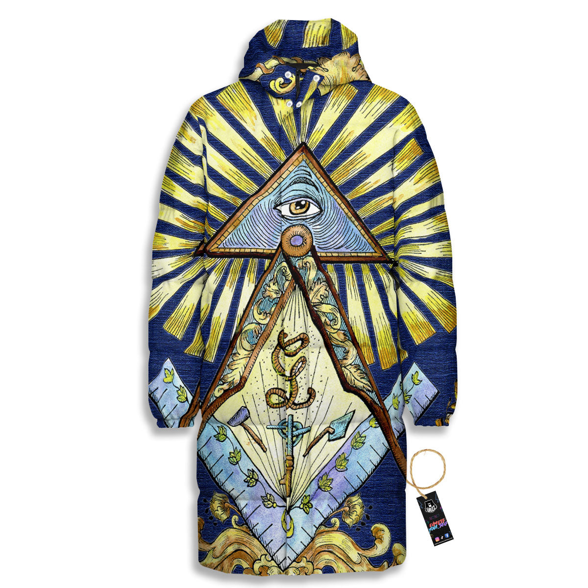 Freemasonry Masonic Vintage Print Long Down Jacket-grizzshop