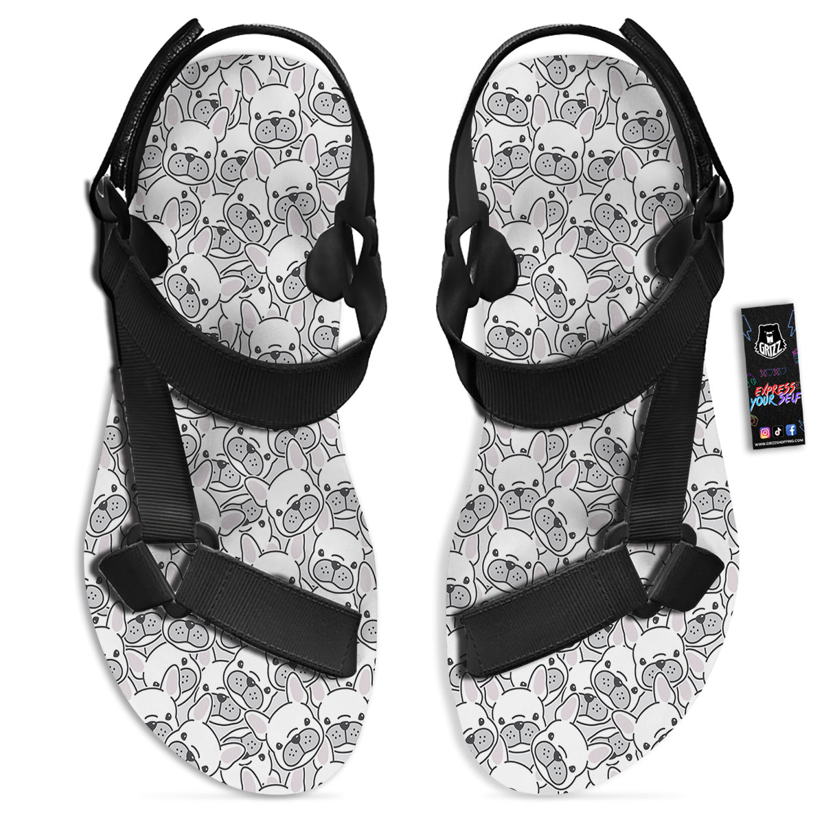 French Bulldog Cartoon Print Pattern Black Open Toe Sandals-grizzshop