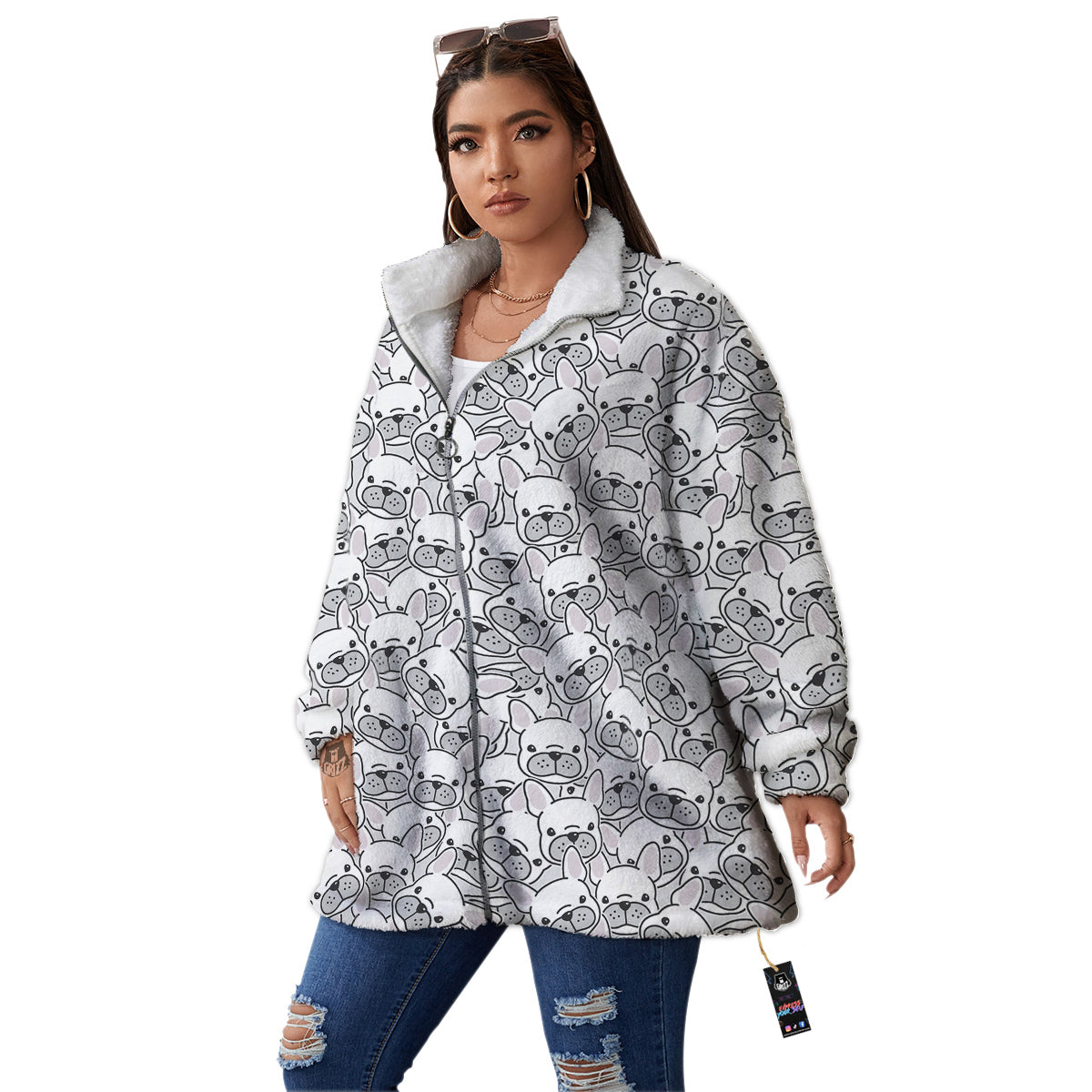 French Bulldog Cartoon Print Pattern Women's Sherpa Jacket-grizzshop
