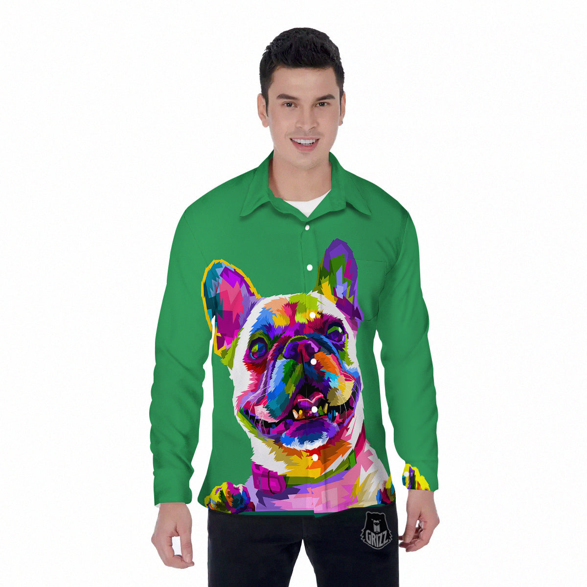 French Bulldog Coloful Print Men's Long Sleeve Shirts-grizzshop