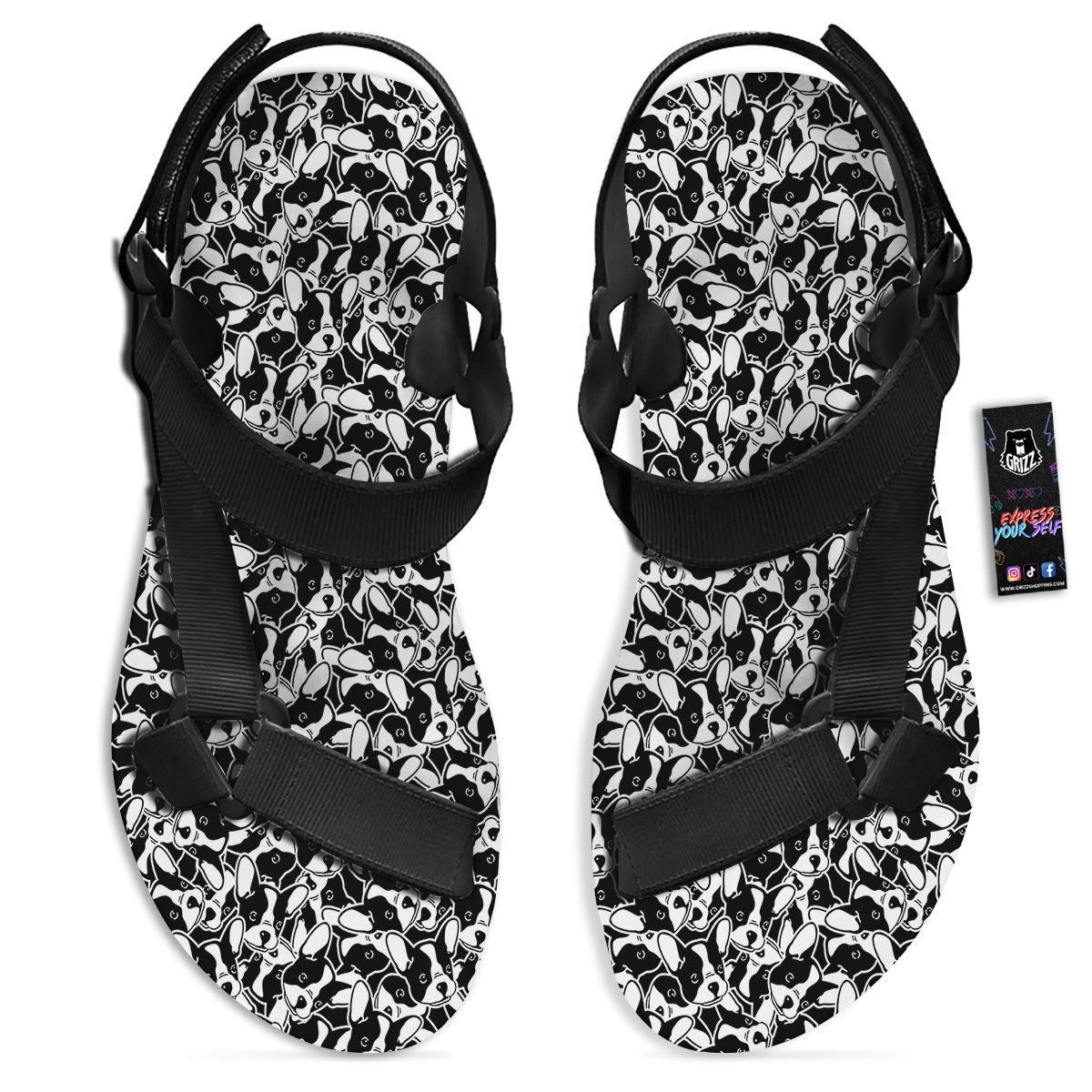 French Bulldog Faces Print Pattern Black Open Toe Sandals-grizzshop