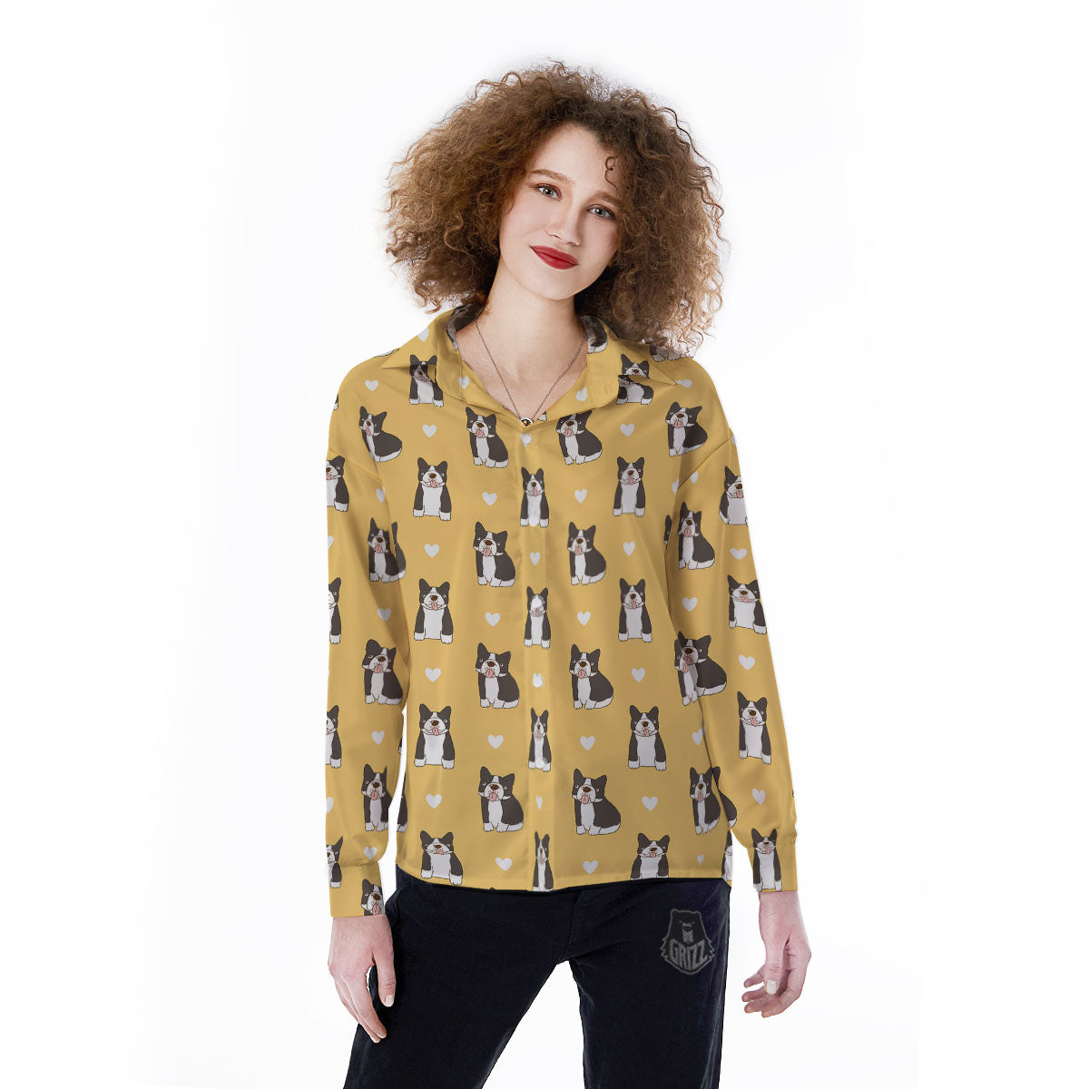 French Bulldog Lovely Print Pattern Women's Long Sleeve Shirts-grizzshop