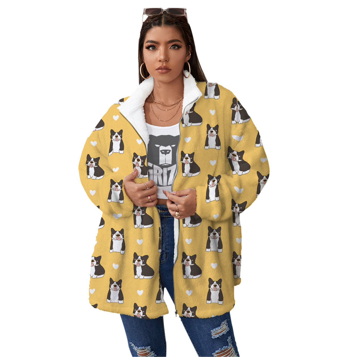 French Bulldog Lovely Print Pattern Women's Sherpa Jacket-grizzshop