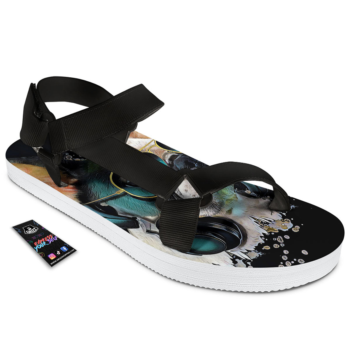 French Bulldog Puppy Watercolor Print Black Open Toe Sandals-grizzshop