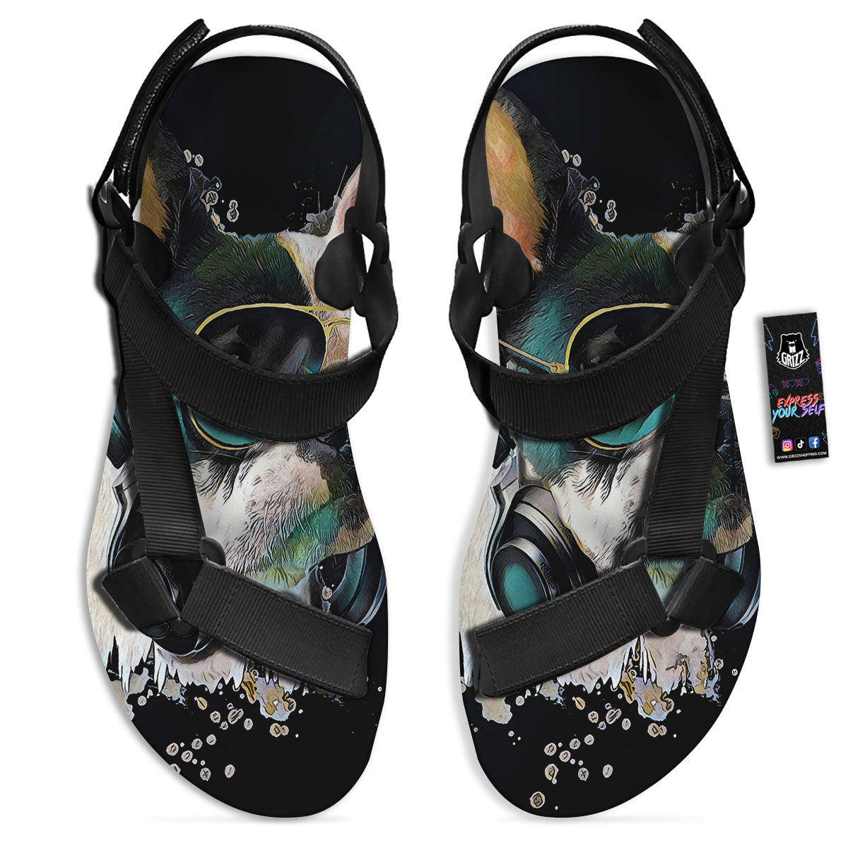 French Bulldog Puppy Watercolor Print Black Open Toe Sandals-grizzshop