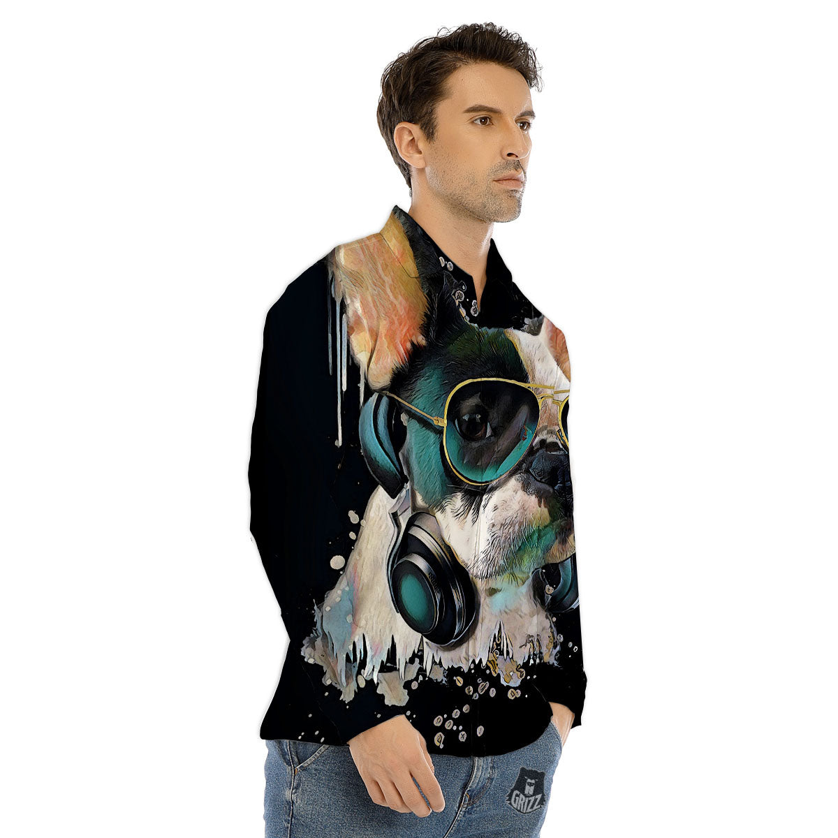 French Bulldog Puppy Watercolor Print Men's Dress Shirts-grizzshop