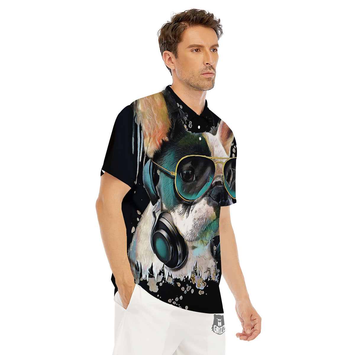 French Bulldog Puppy Watercolor Print Men's Golf Shirts-grizzshop