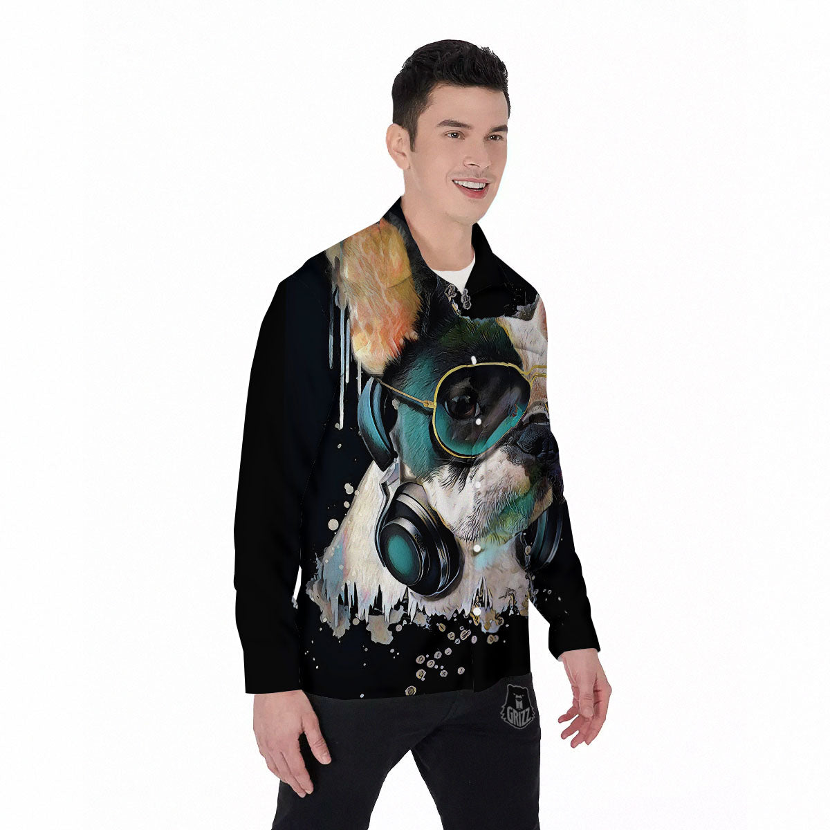 French Bulldog Puppy Watercolor Print Men's Long Sleeve Shirts-grizzshop