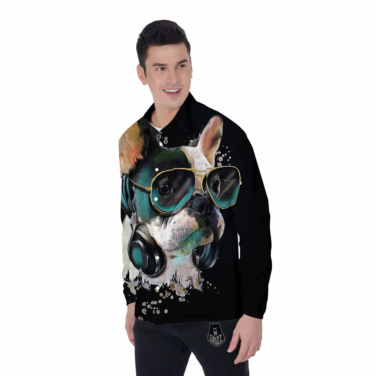 French Bulldog Puppy Watercolor Print Men's Long Sleeve Shirts-grizzshop