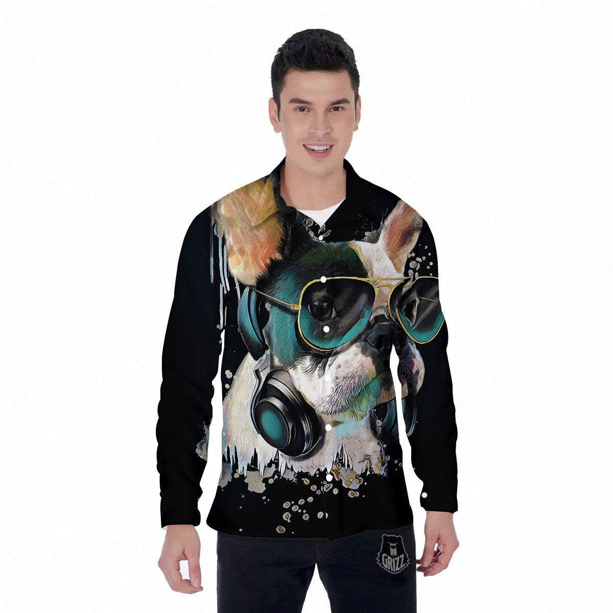 French Bulldog Puppy Watercolor Print Men's Long Sleeve Shirts-grizzshop