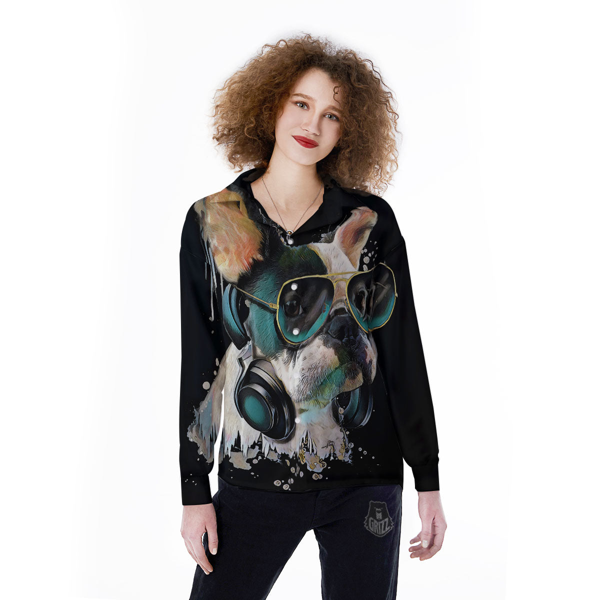 French Bulldog Puppy Watercolor Print Women's Long Sleeve Shirts-grizzshop