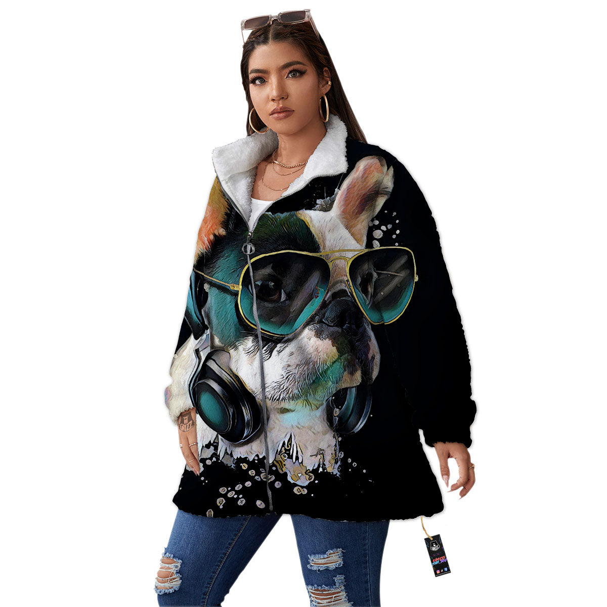 French Bulldog Puppy Watercolor Print Women's Sherpa Jacket-grizzshop