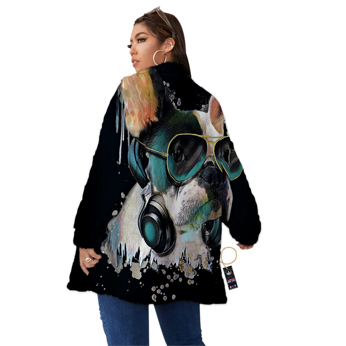 French Bulldog Puppy Watercolor Print Women's Sherpa Jacket-grizzshop