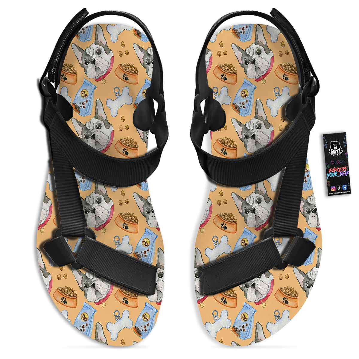 French Bulldog Watercolor Print Pattern Black Open Toe Sandals-grizzshop