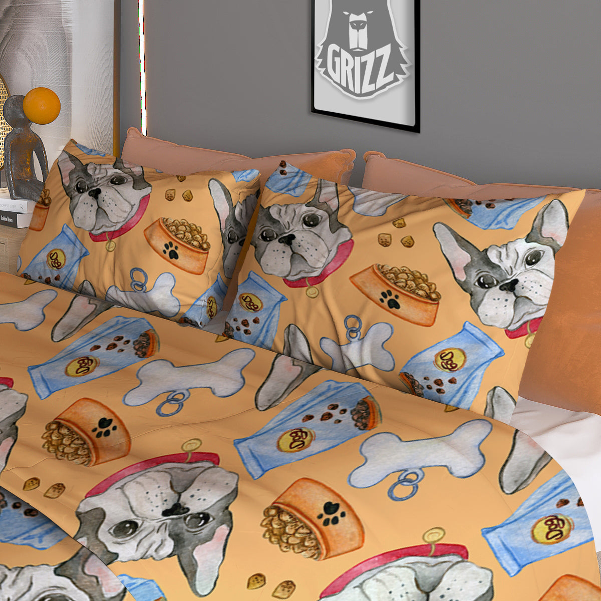 French Bulldog Watercolor Print Pattern Duvet Cover Bedding Set