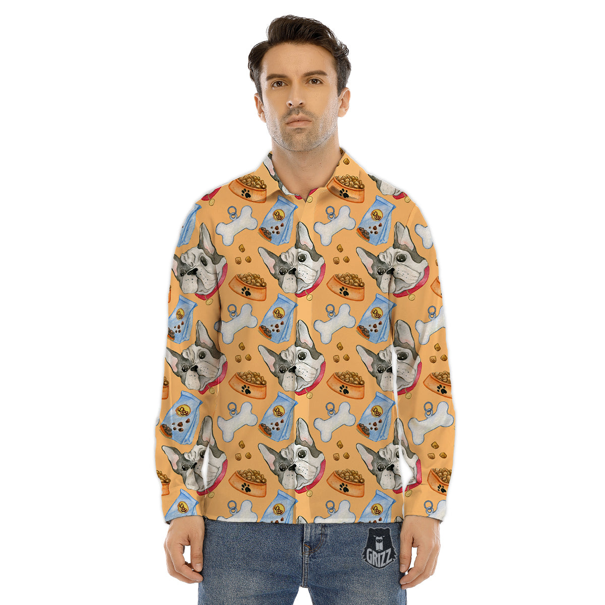 French Bulldog Watercolor Print Pattern Men's Dress Shirts-grizzshop