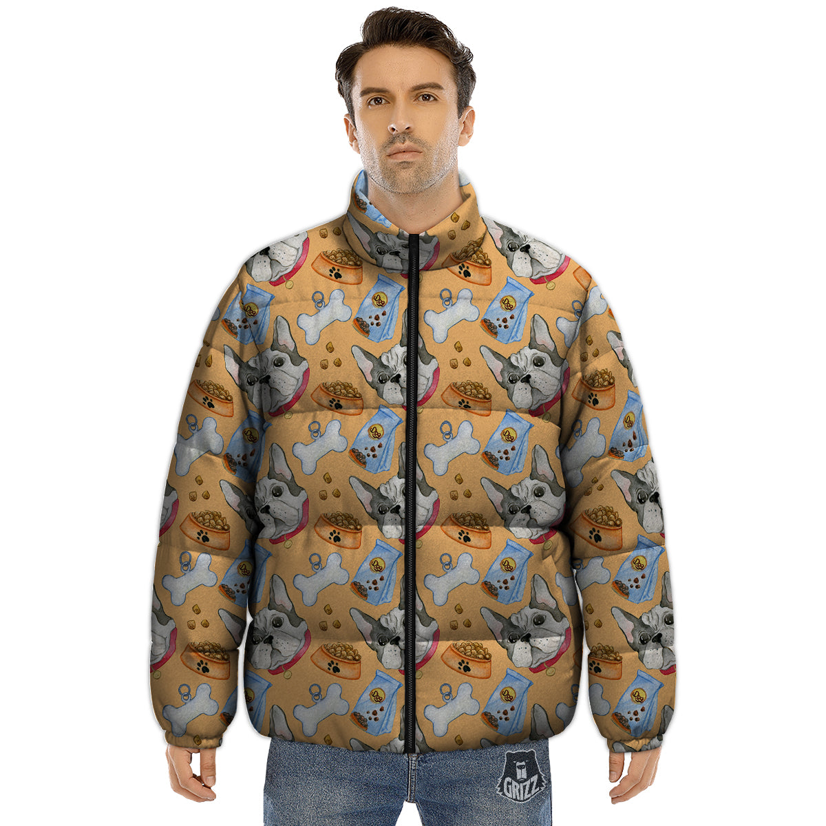 French Bulldog Watercolor Print Pattern Puffer Jacket-grizzshop