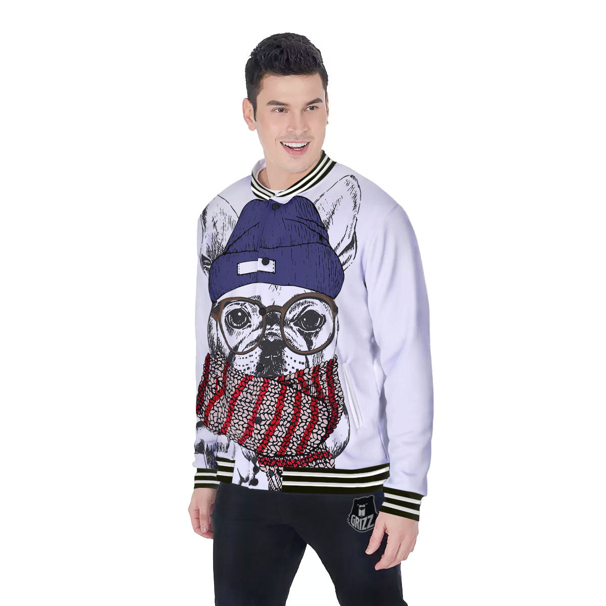 French Bulldog Wearing Glasses Print Baseball Jacket-grizzshop