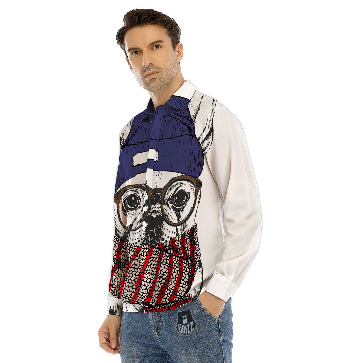 French Bulldog Wearing Glasses Print Men's Dress Shirts-grizzshop