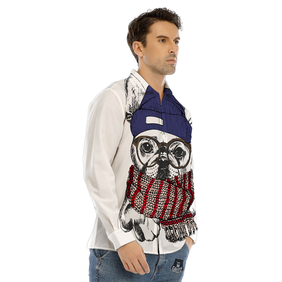 French Bulldog Wearing Glasses Print Men's Dress Shirts-grizzshop