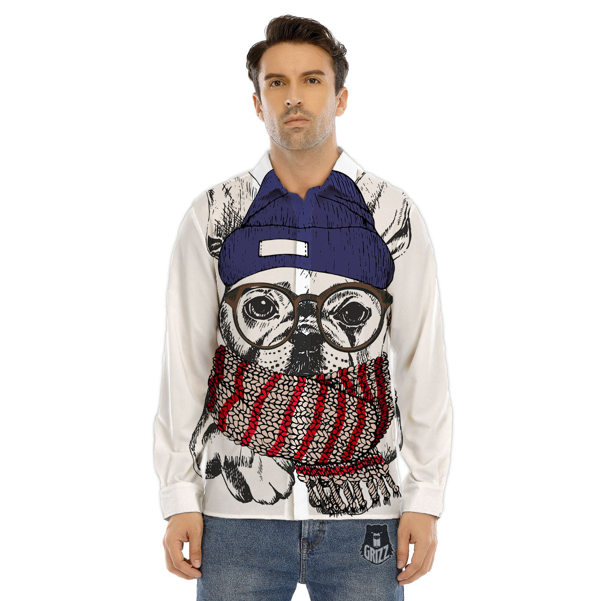 French Bulldog Wearing Glasses Print Men's Dress Shirts-grizzshop
