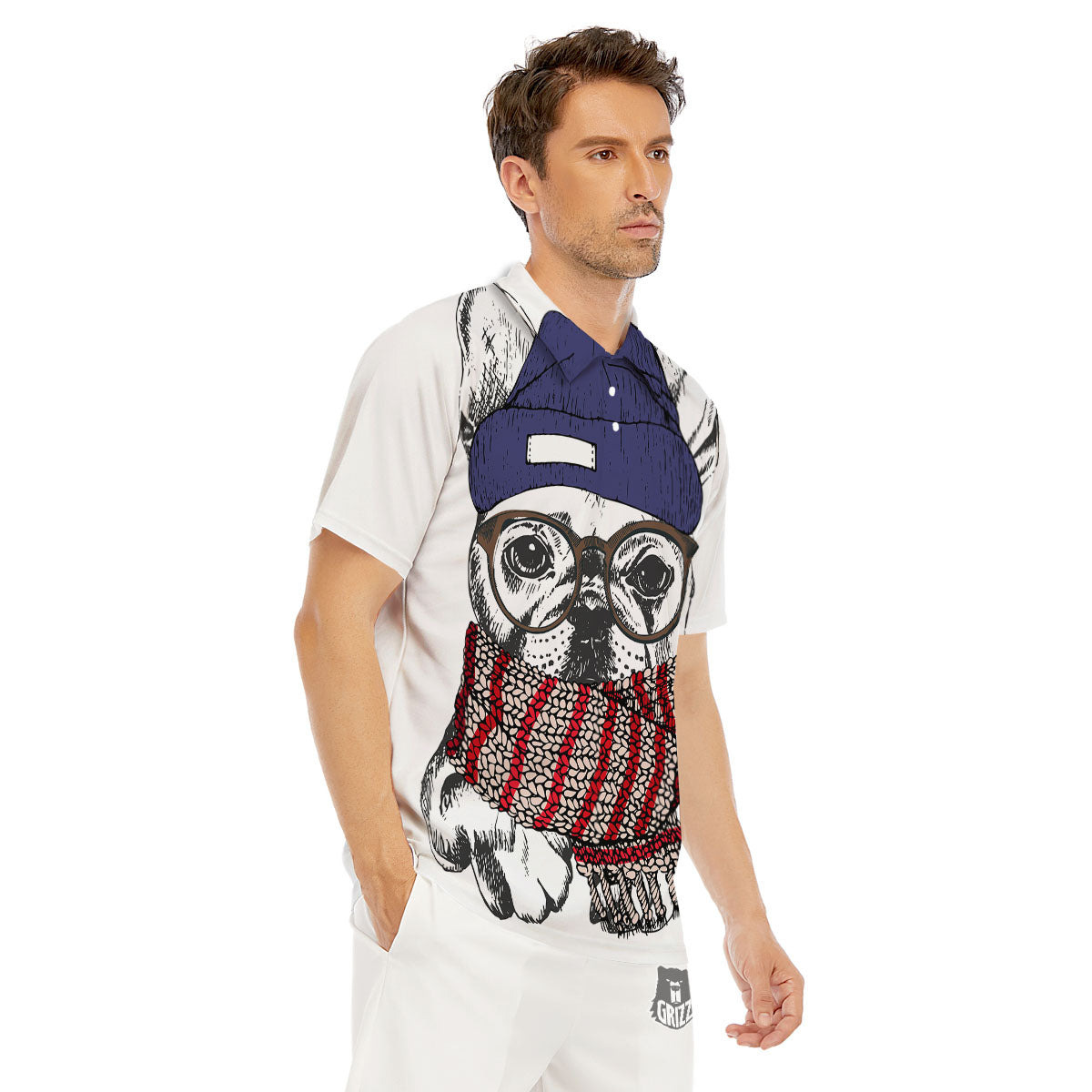 French Bulldog Wearing Glasses Print Men's Golf Shirts-grizzshop