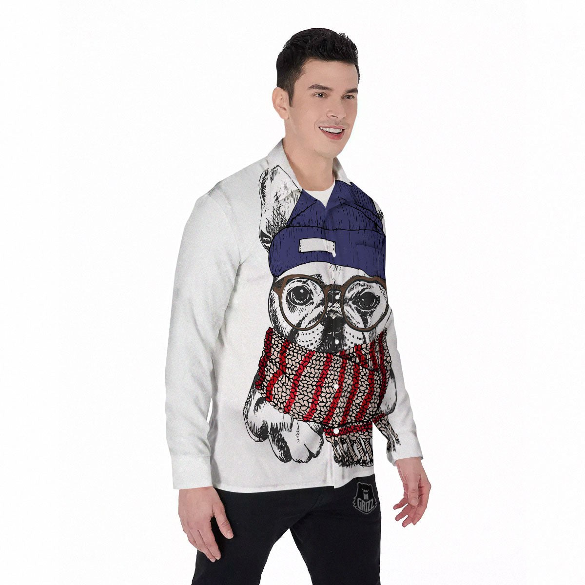 French Bulldog Wearing Glasses Print Men's Long Sleeve Shirts-grizzshop
